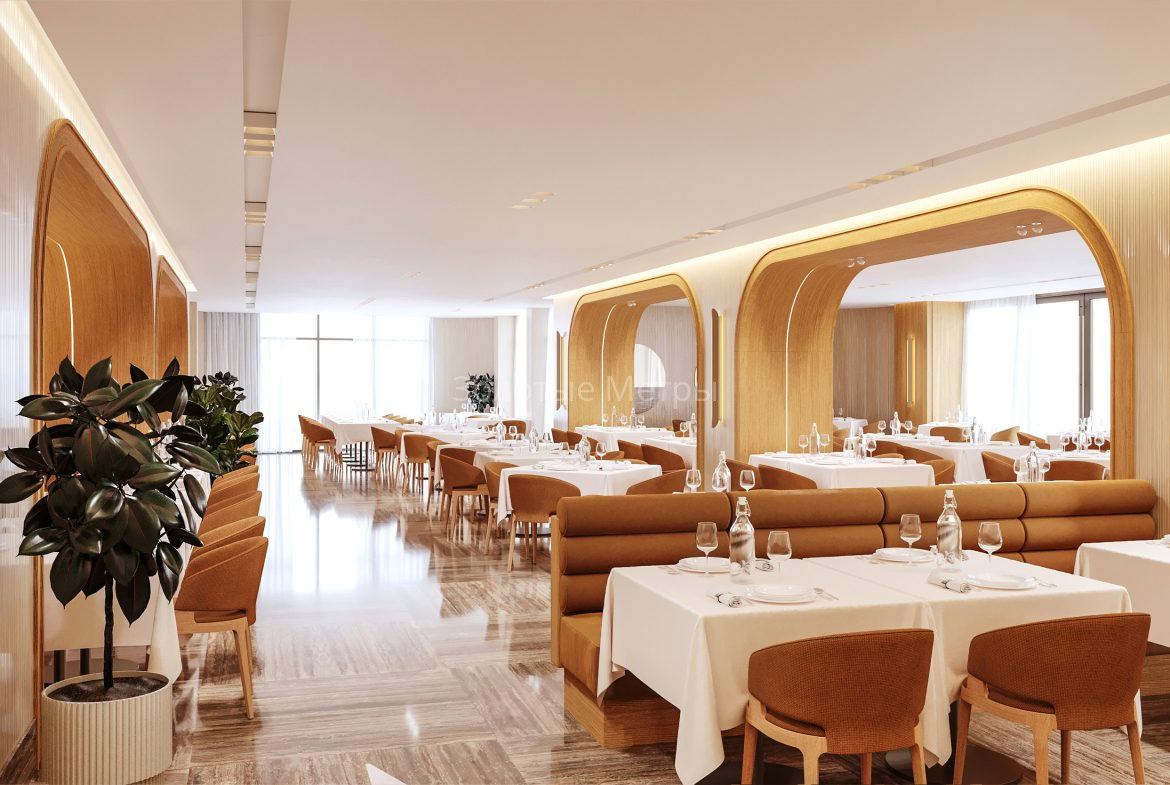 Стильный интерьер ресторана с уютной обстановкой и панорамными окнами в Livingston Grand Resort&Spa.