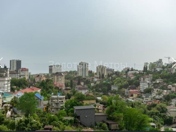 Обзор города Сочи с зелеными насаждениями и многоэтажками на фоне неба.