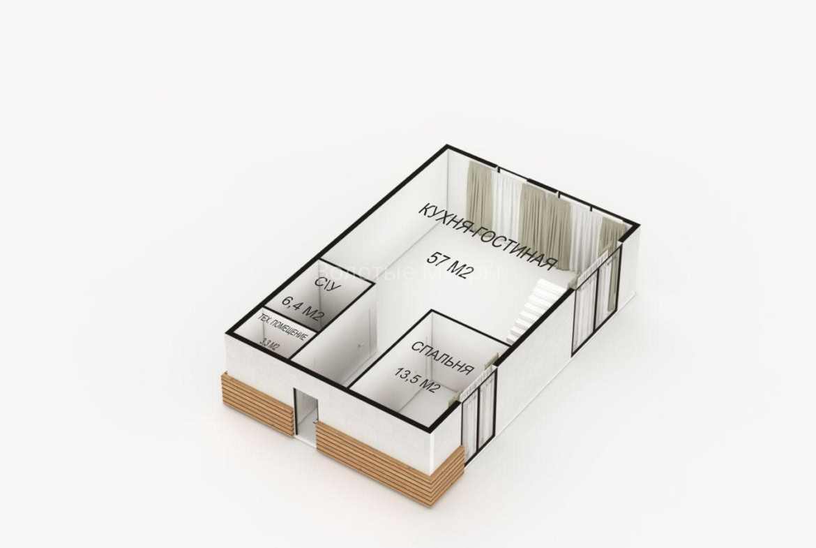 Планировка дома в КП без ремонта, черновая отделка, 57 м².
